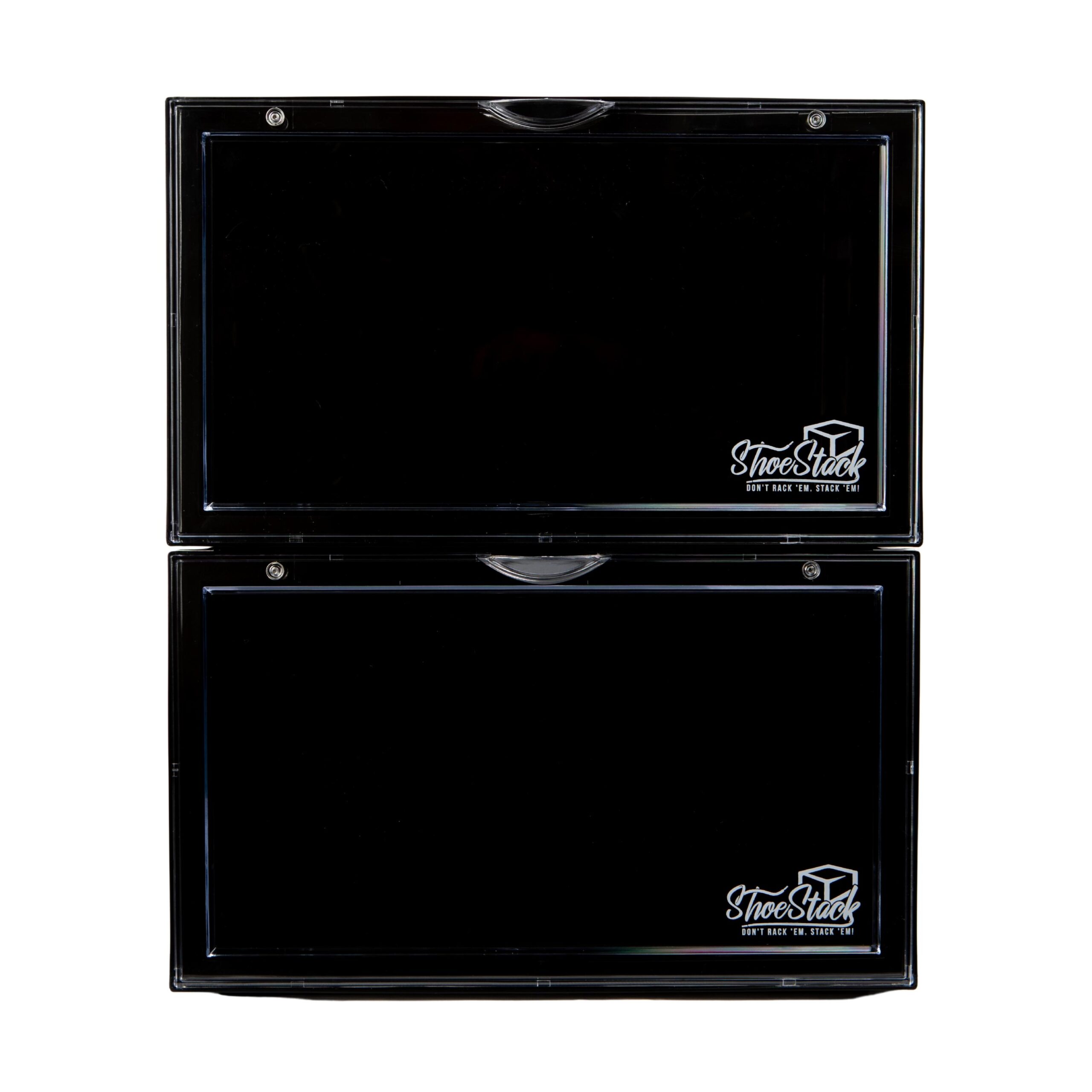 front view empty black shoe box empty black plastic shoe box