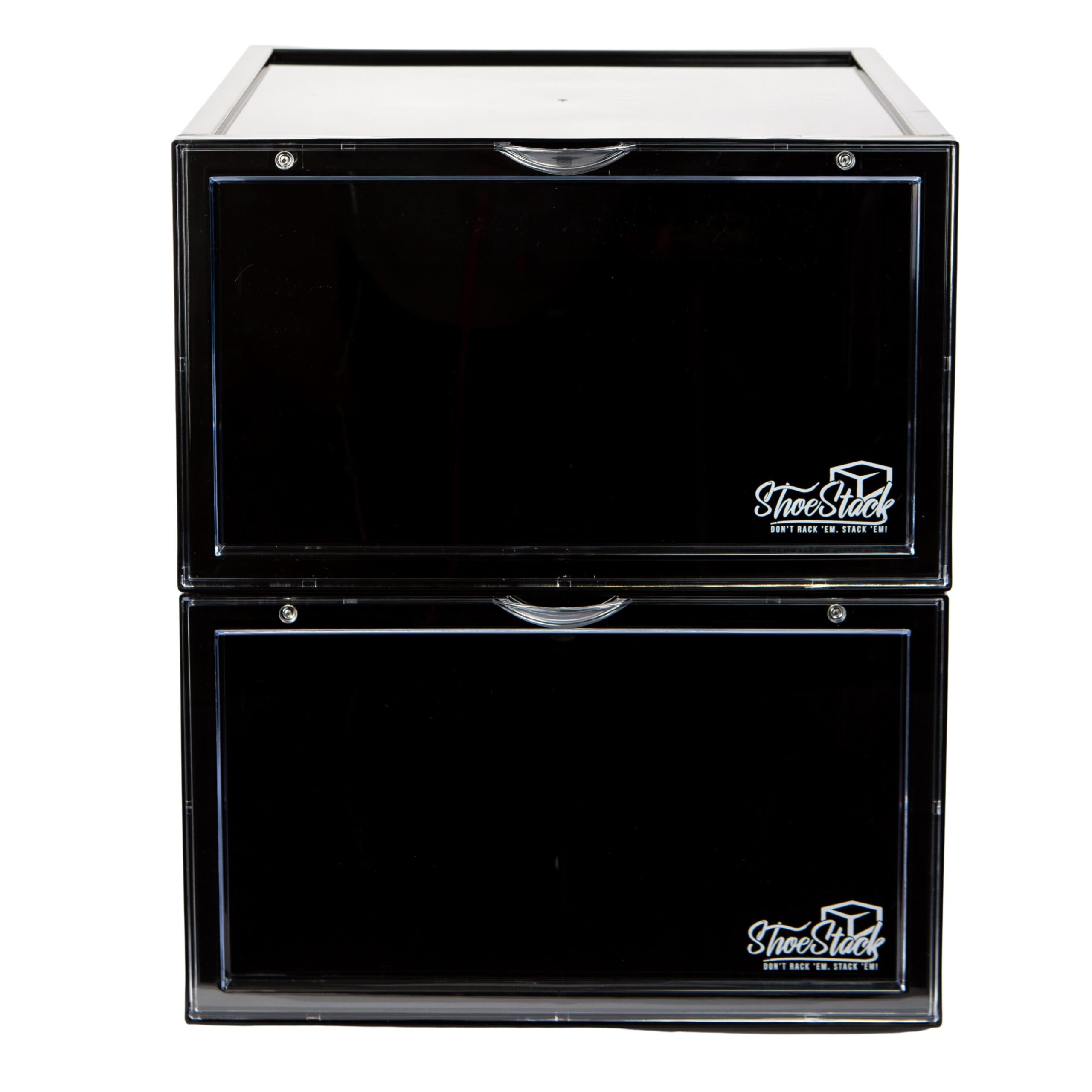 side view black shoe box empty front black shoe box