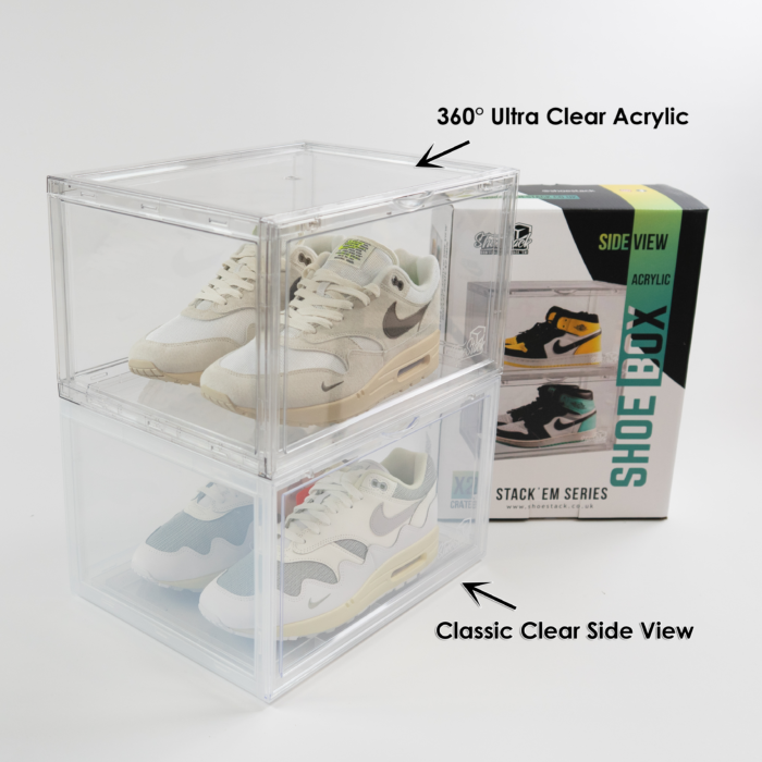 comparison classic clear side view shoe box with ultra clear acrylic shoe box