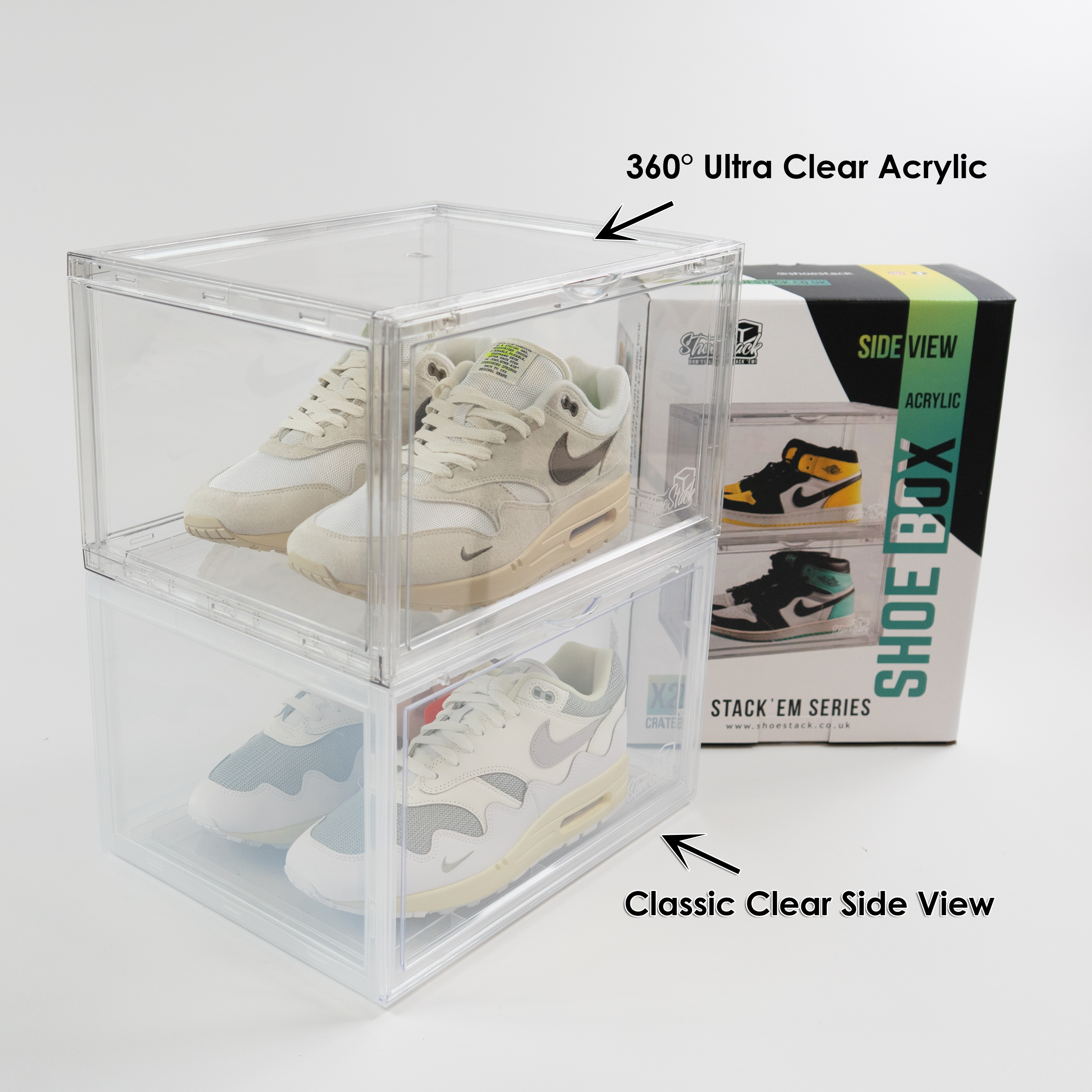 acrylic_shoe_box_next_to_classic_shoe_box comparison classic clear side view shoe box with ultra clear acrylic shoe box