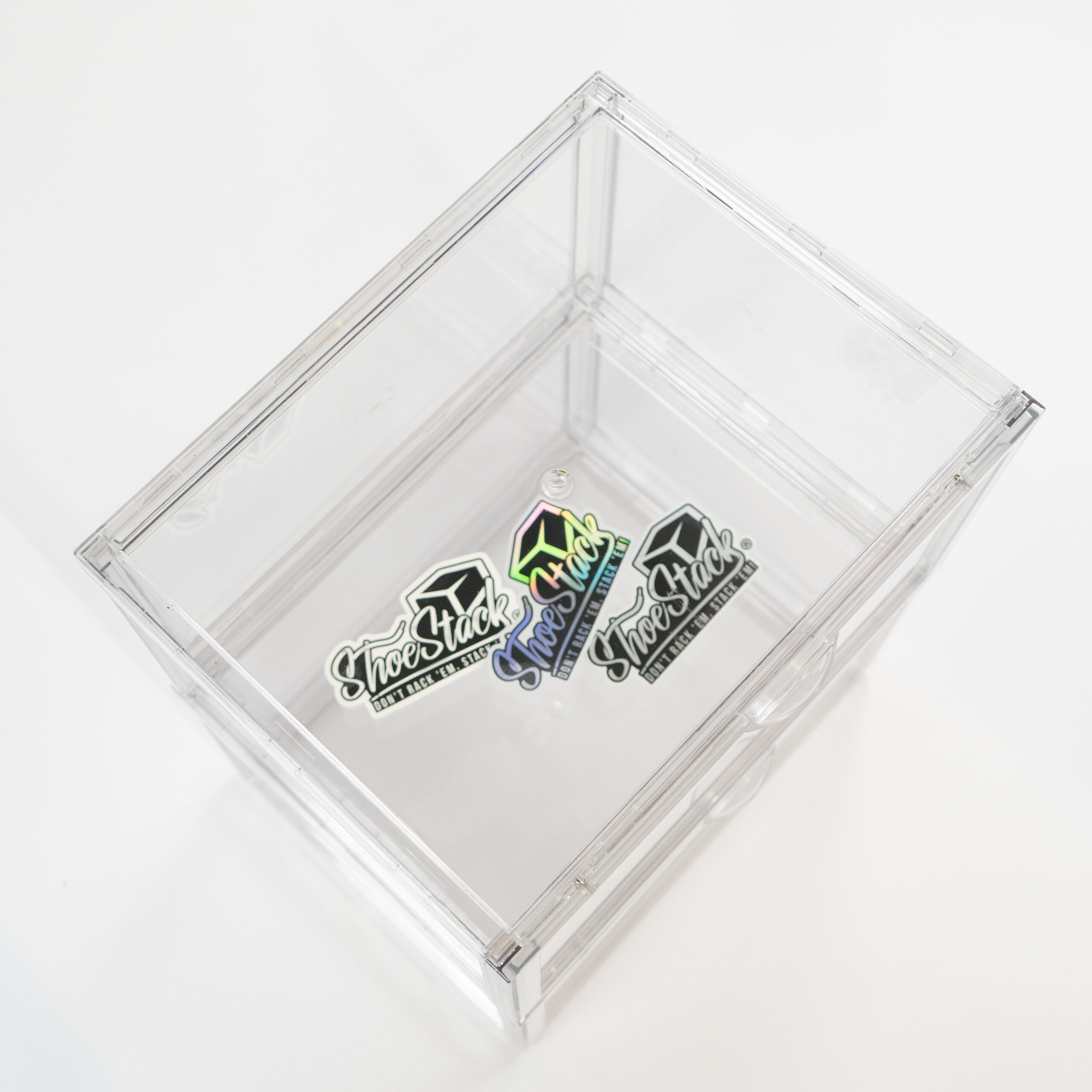 acrylic_shoe_box_top_angle_stickers_shoestack ultra clear acrylic shoe box with shoestack stickers inside