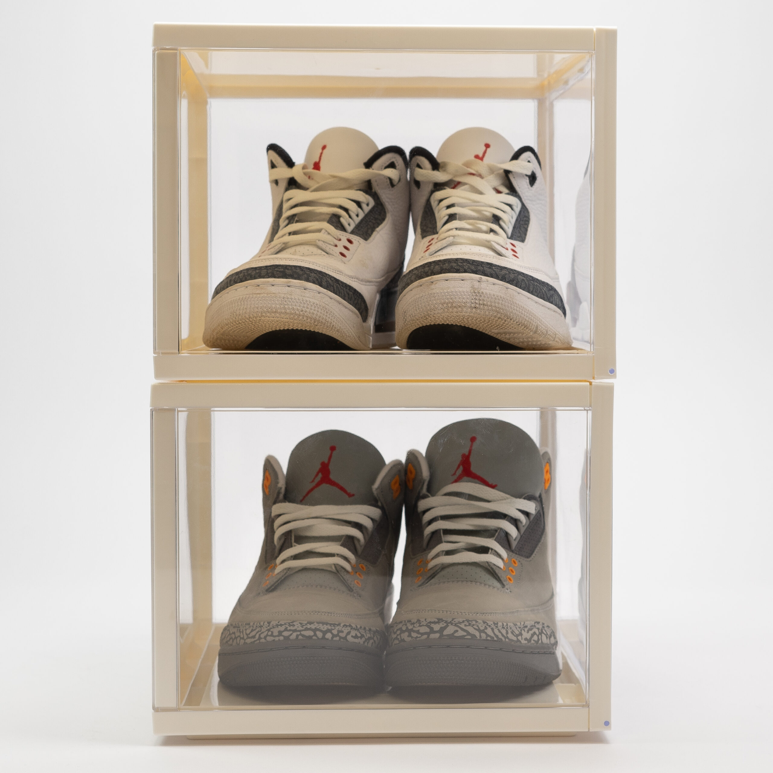 front view of jordan in shoe storage boxes