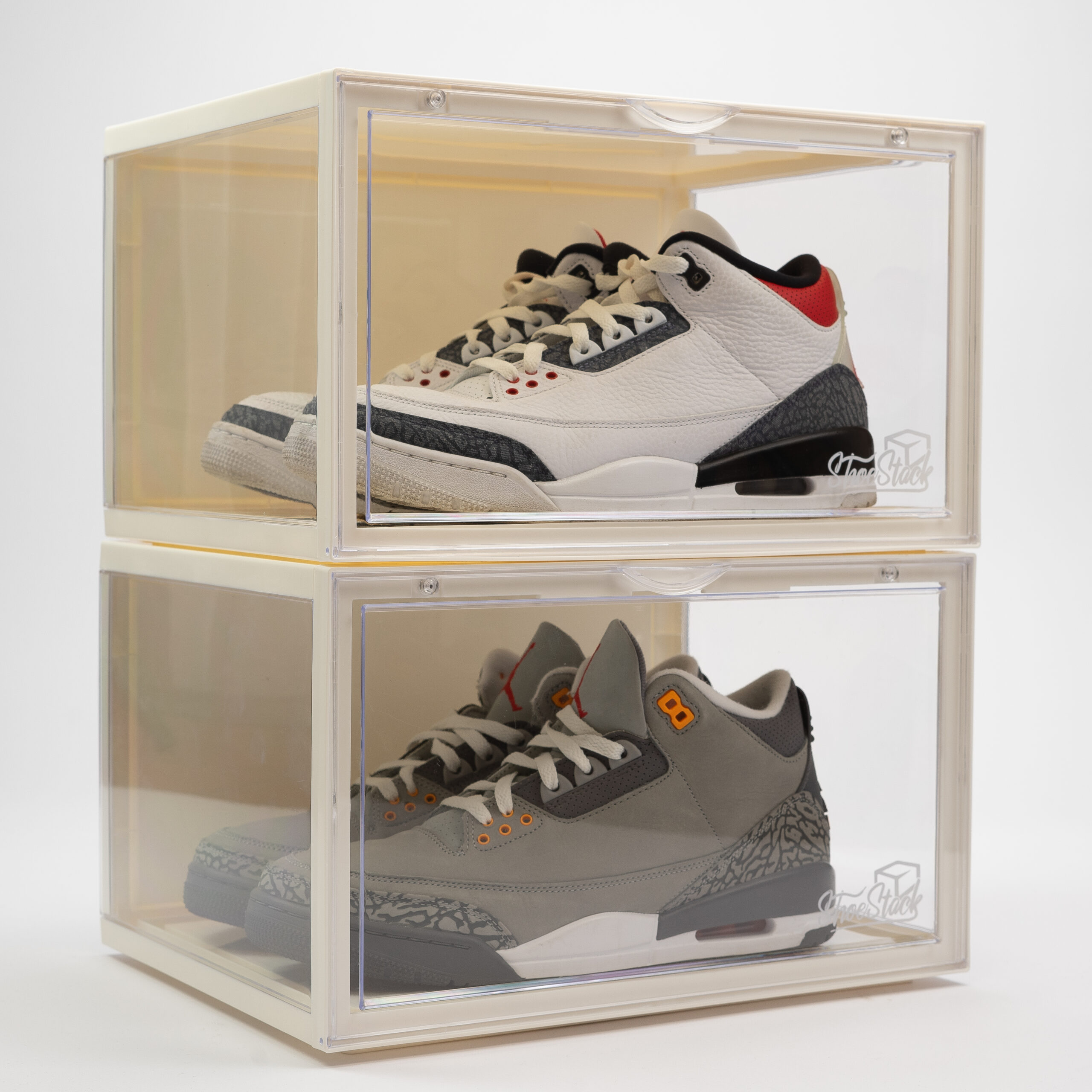white angled 180 degree shoe storage boxes