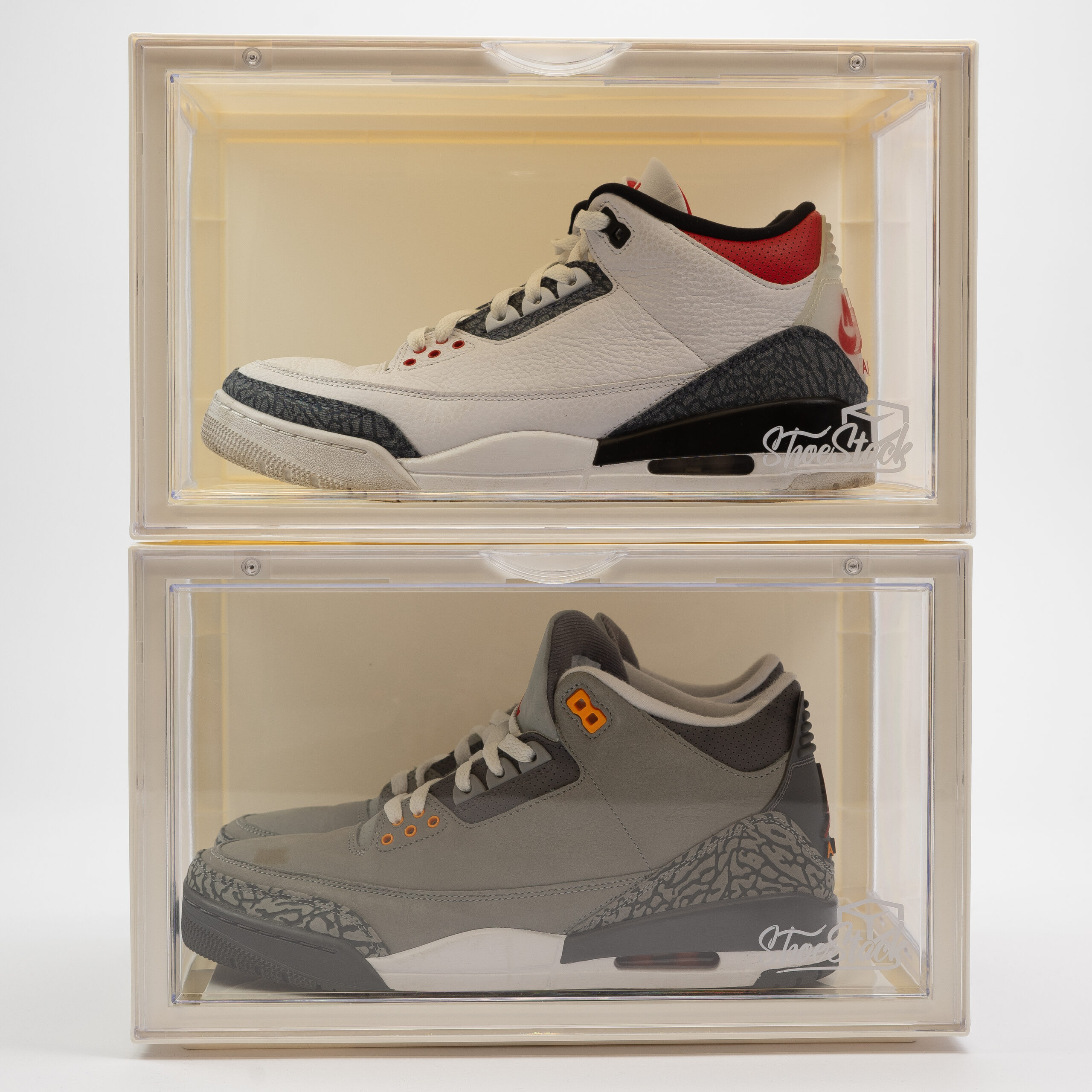 front view white crates shoe storage