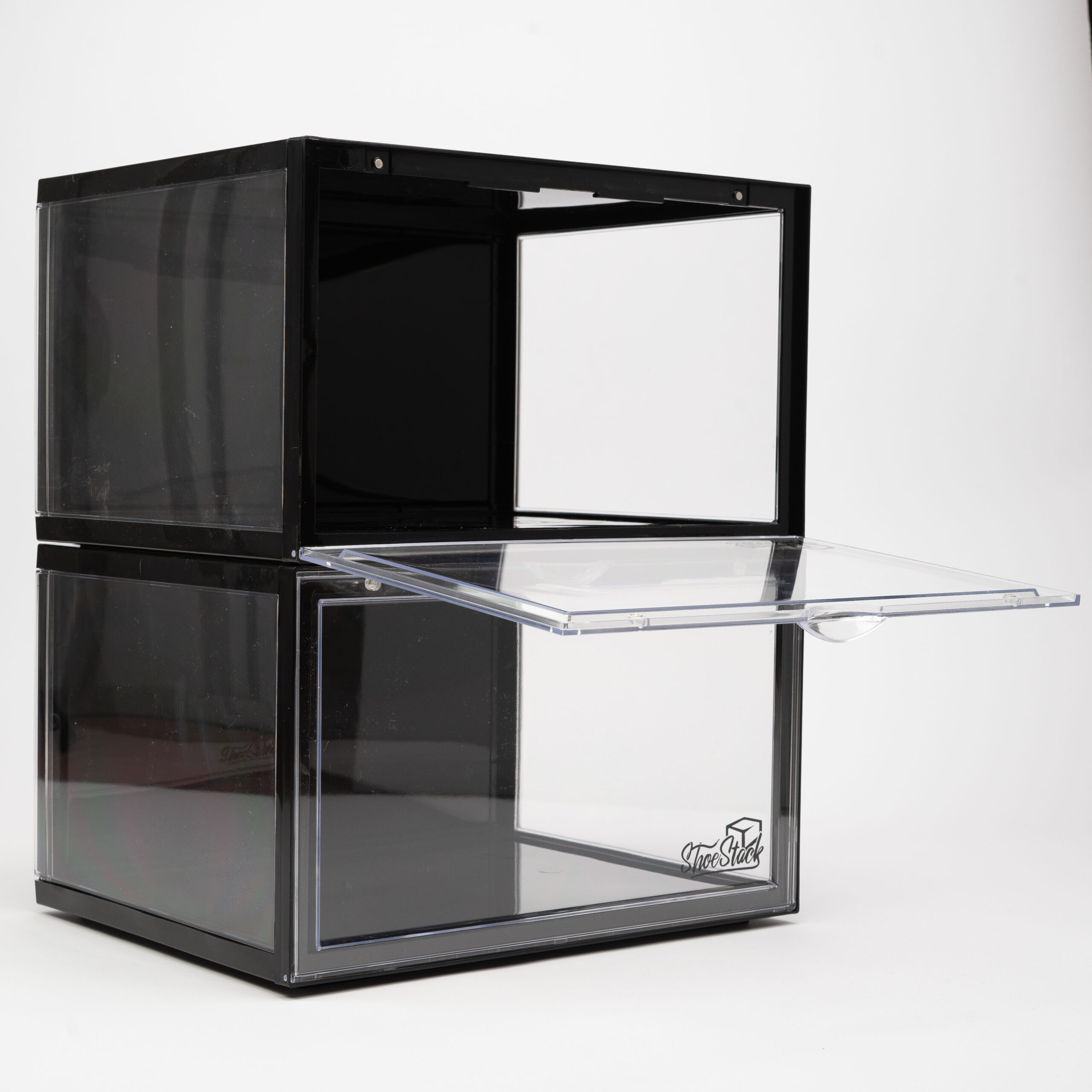 black shoe storage crates open