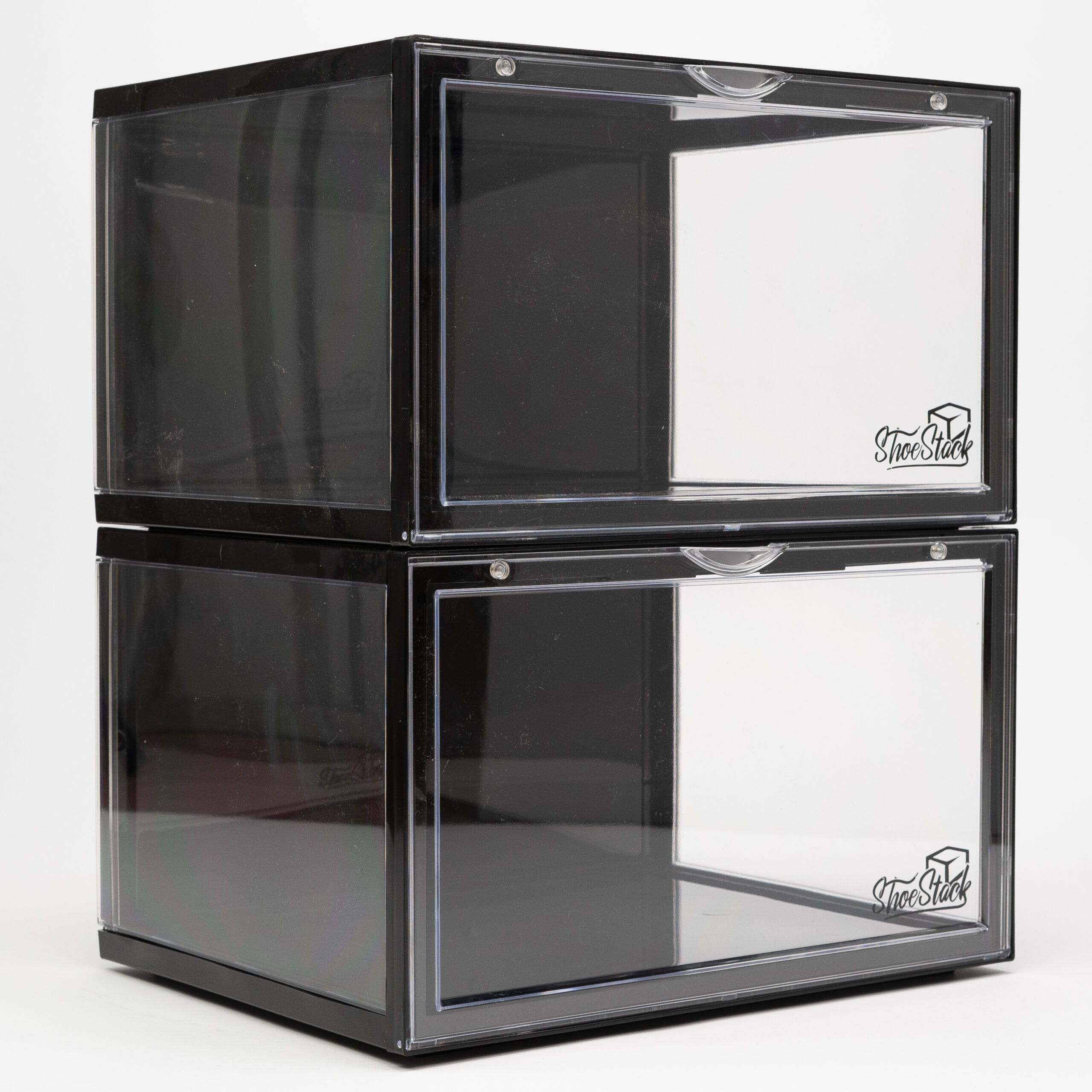 black 180 shoe storage crates angled view