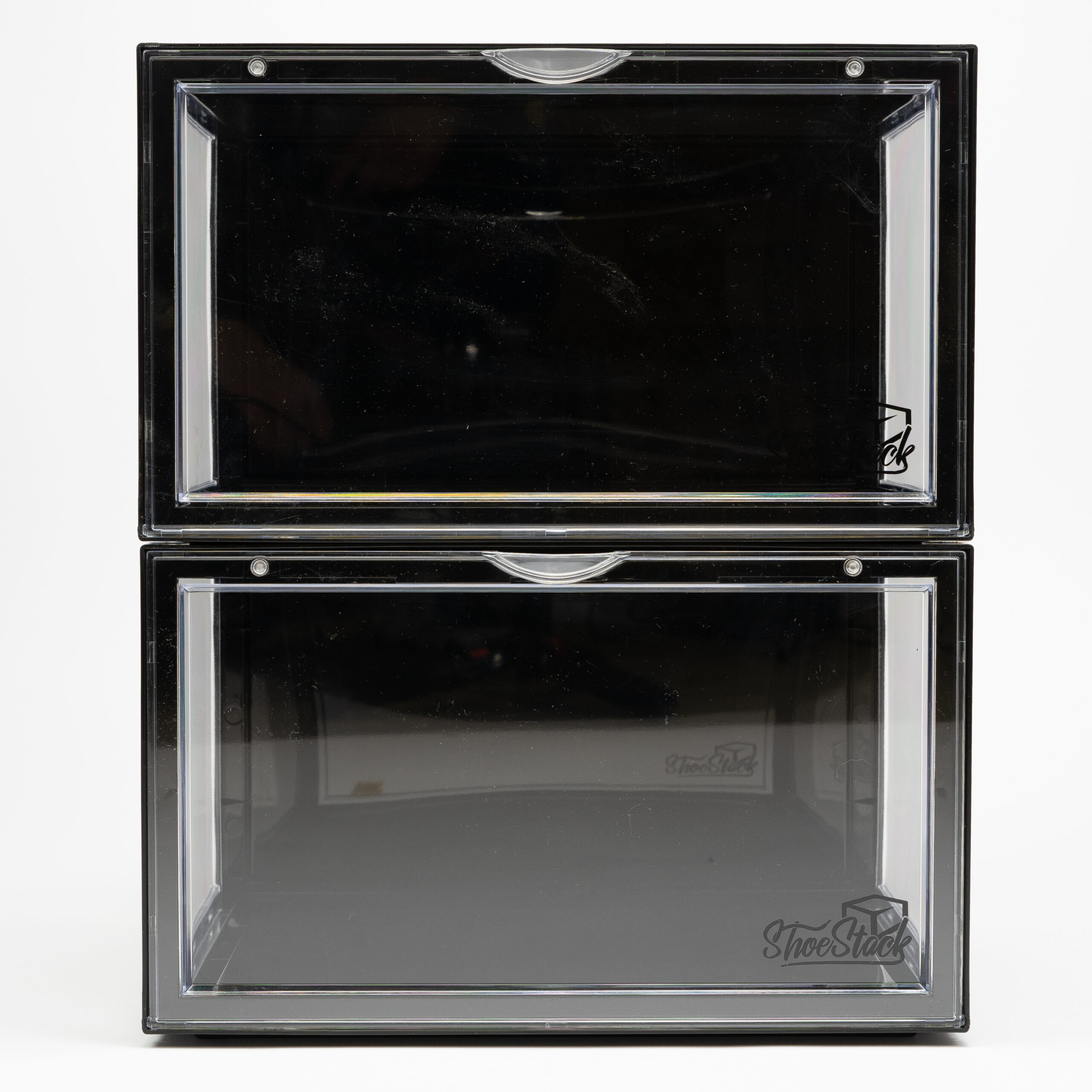 black shoe storage crates 180 front view