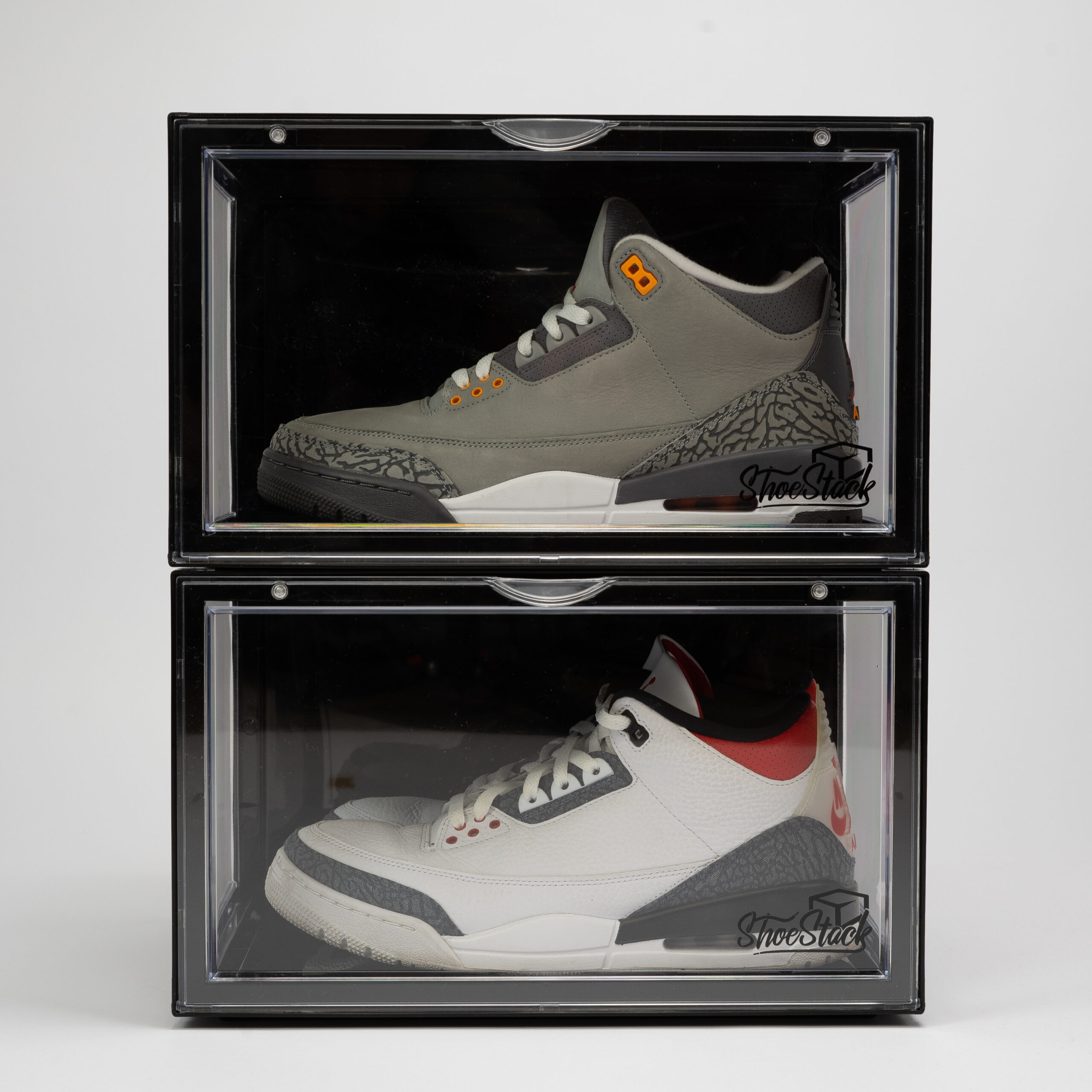 black shoe storage boxes front view with jordan 3