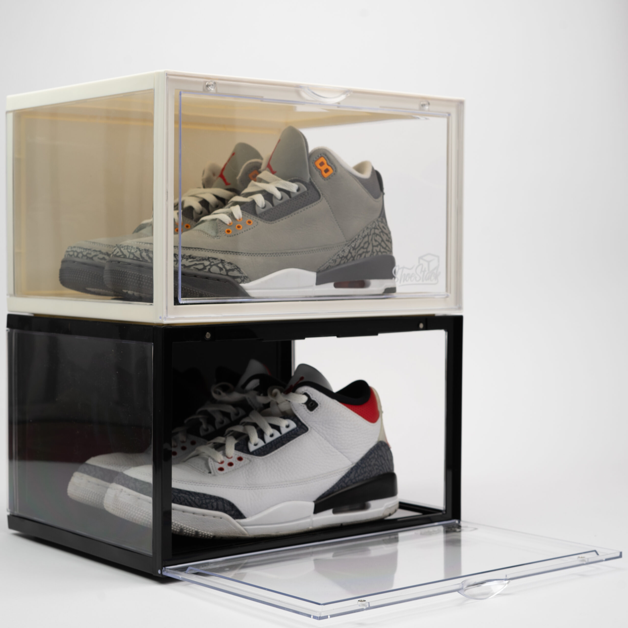 shoe storage crates white and black magnetic door open