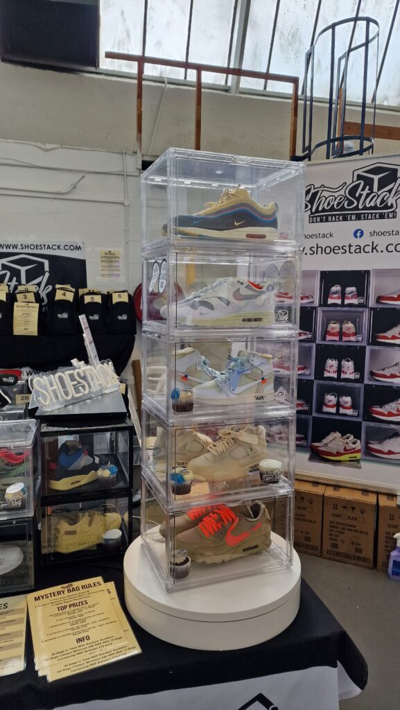 sean wotherspoon, air max 1 patta, jordan 1 off-white, jordan 4 off-white, air max 90 off-white stacked up in our all clear acrylic 360 sneaker display crates