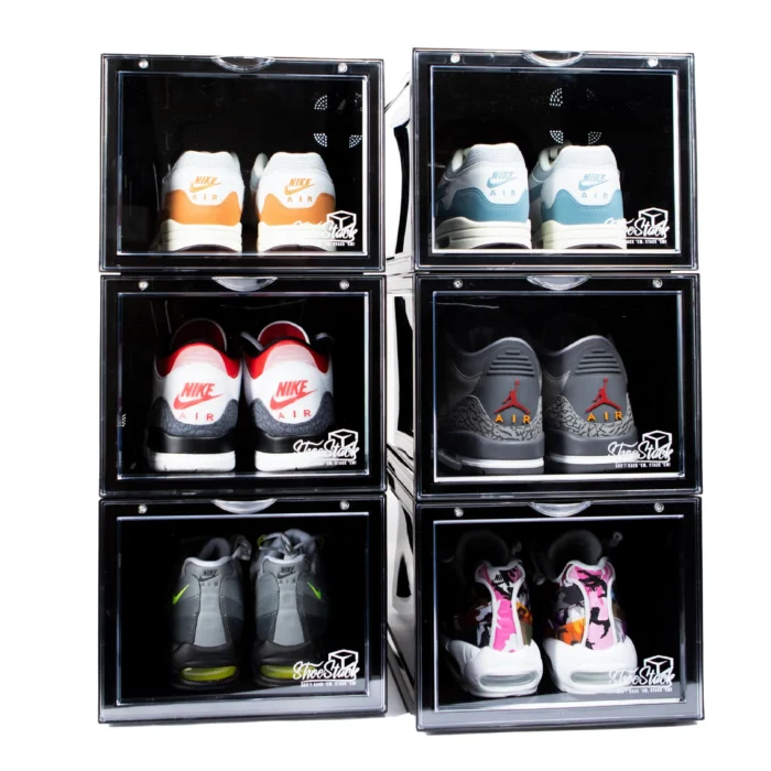 shoe boxes stackable black front view 6 stack